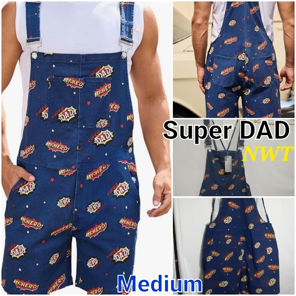 🦸‍♂️Super Hero Dad💢 Bib Overall Shorts Medium Blue